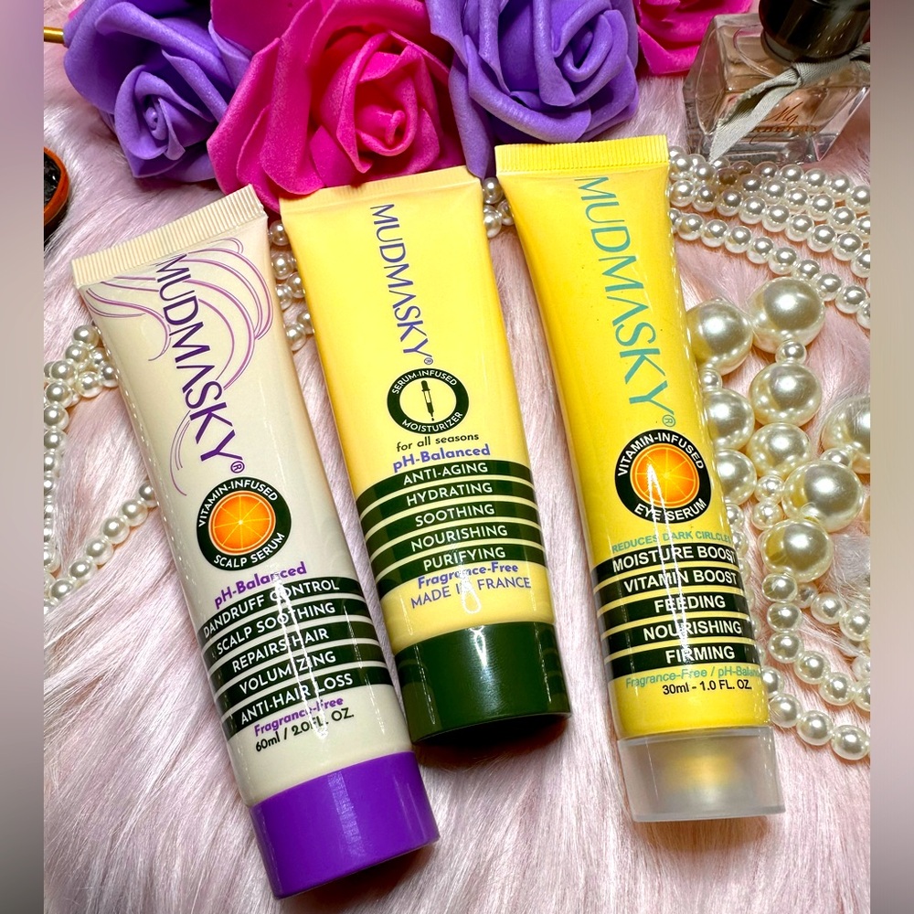 Mudmasky Eye Serum, Scalp Serum and Moisturizer Bundle. All New and full size.